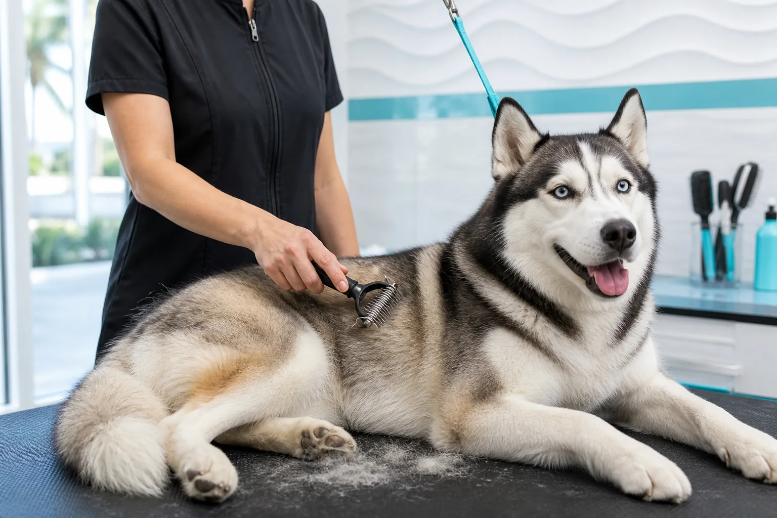 dog-deshedding-husky dog getting groomed in Fort Lauderdale