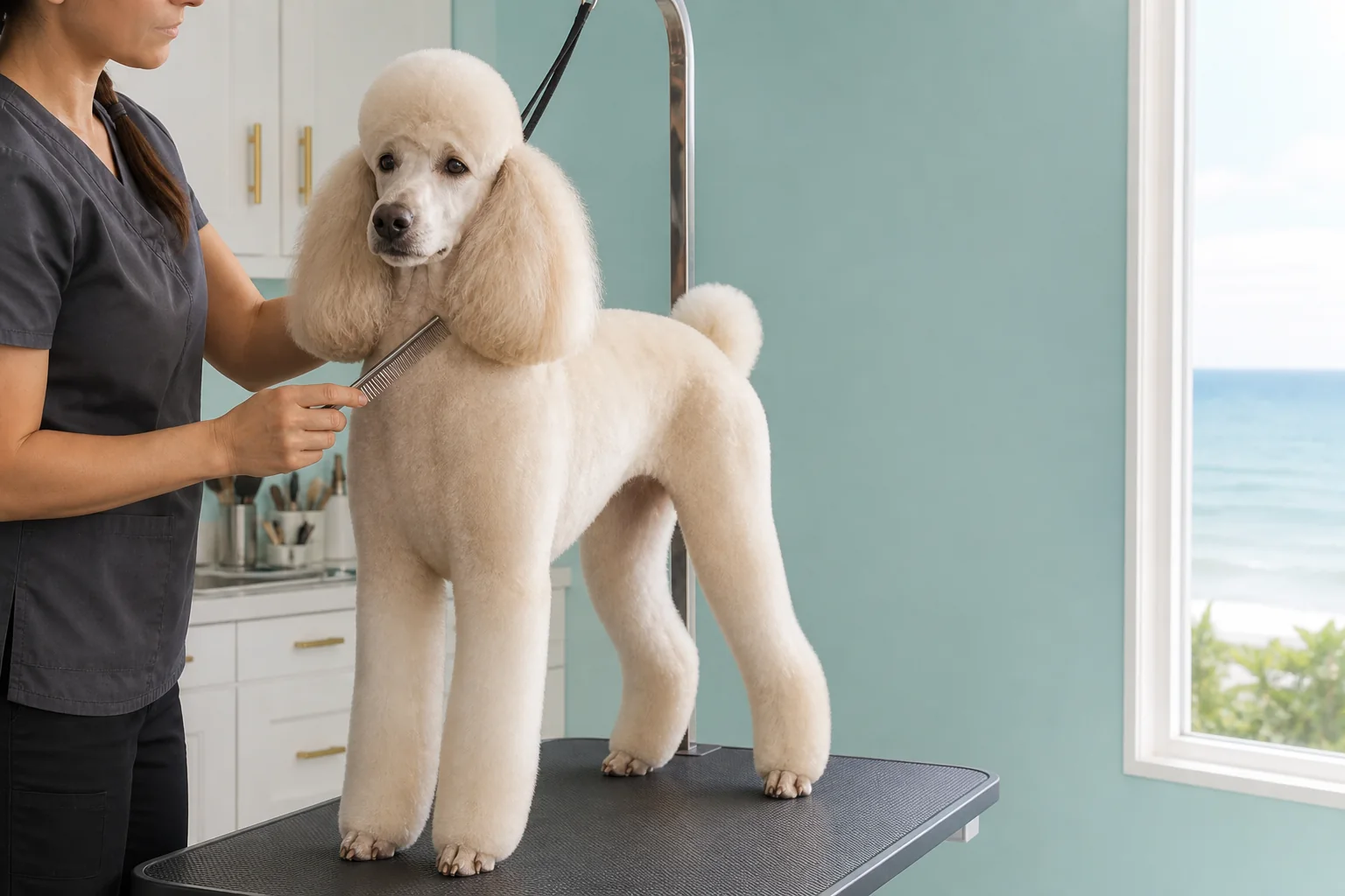 full-groom-poodle dog getting groomed in Fort Lauderdale